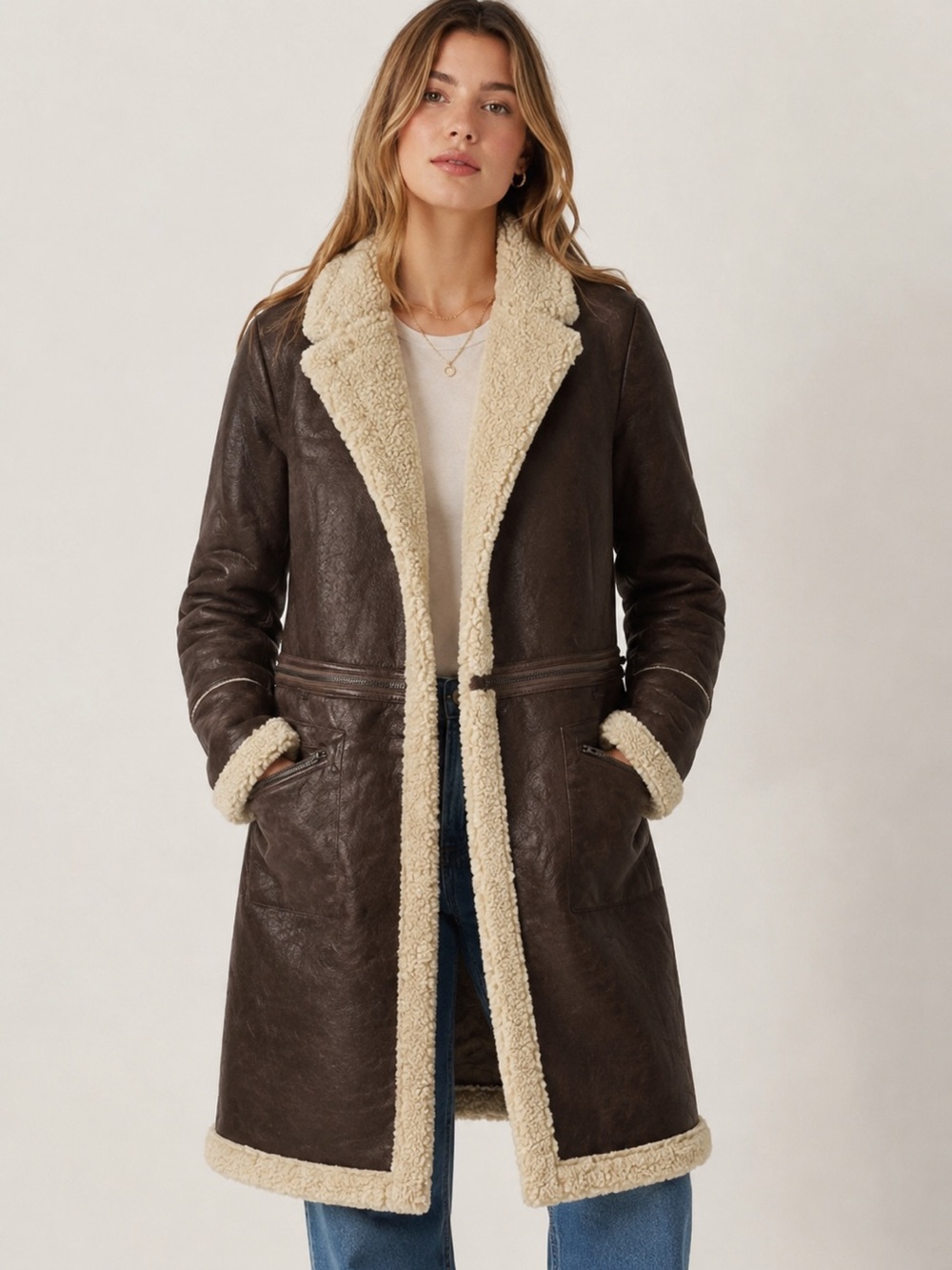 B. COATURE Convertible Faux Leather Shearling Coat — Size Small